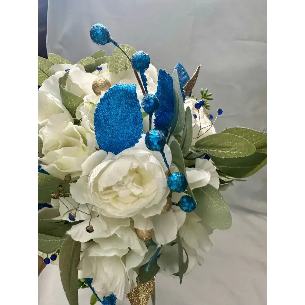 Homecoming prom floral bouquet artificial royal blue White off white gold